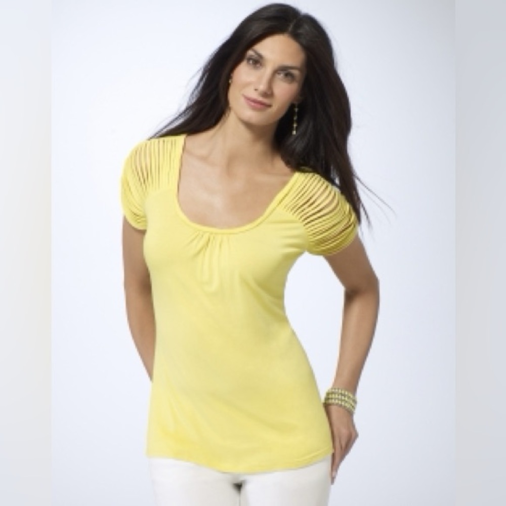 Cache Lemon Yellow Lattice Sleeve Top Sz XL